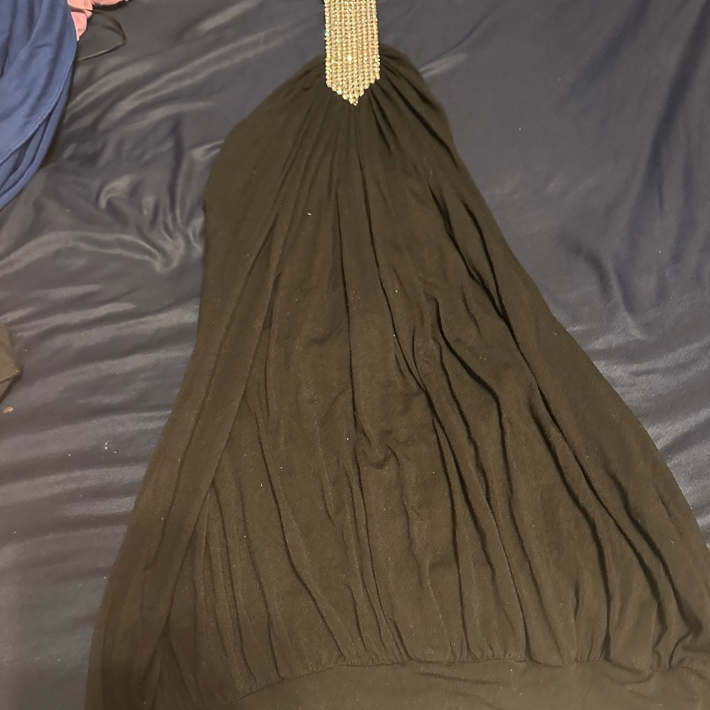 Elegant Black Halter Dress with Embellished Neckline